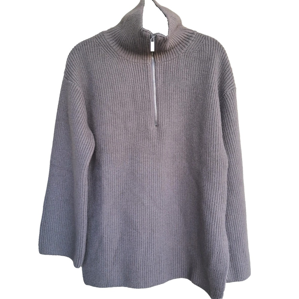 H&M Women's Knit Ribbed Grey Turtle Neck 1/3 Zipper Long Sleeve Sweater Tunic XS